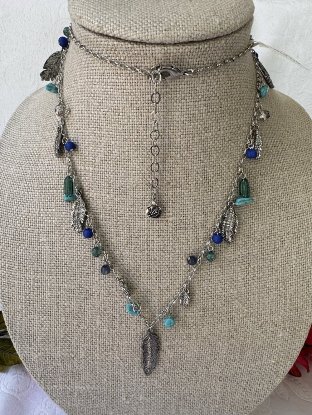 Vera Bradley 34" Long Silver Feather Turquoise Blue Bead Charm Necklace $54 NEW